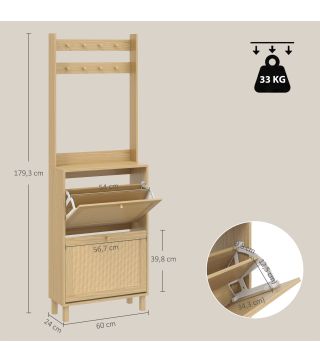 Perchero Zapatero con 2 Cajones Abatibles con Puertas de Ratán 8 Ganchos Estante Superior y Marco de Madera Natural