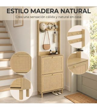 Perchero Zapatero con 2 Cajones Abatibles con Puertas de Ratán 8 Ganchos Estante Superior y Marco de Madera Natural