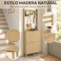 Perchero Zapatero con 2 Cajones Abatibles con Puertas de Ratán 8 Ganchos Estante Superior y Marco de Madera Natural Perchero Zapatero con 2 Cajones Abatibles con Puertas de Ratán 8 Ganchos Estante Superior y Marco de Madera Natural