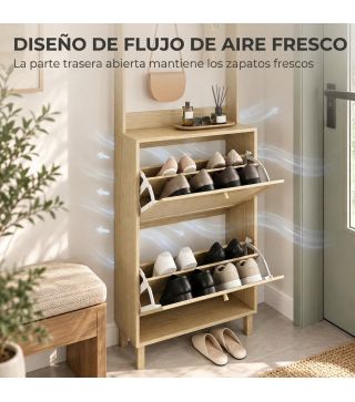 Perchero Zapatero con 2 Cajones Abatibles con Puertas de Ratán 8 Ganchos Estante Superior y Marco de Madera Natural