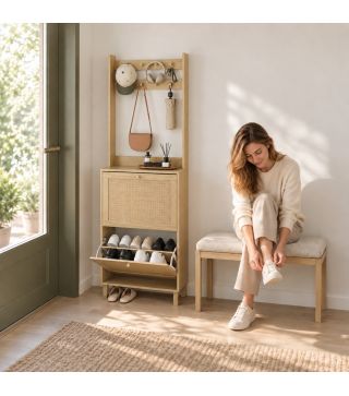 Perchero Zapatero con 2 Cajones Abatibles con Puertas de Ratán 8 Ganchos Estante Superior y Marco de Madera Natural