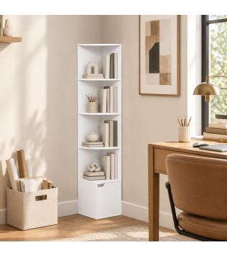 Estantería Esquinera de 5 Niveles con Estantes y Armario para Sala de Estar Dormitorio 29,5x29,5x158 cm Blanco