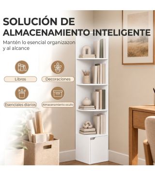 Estantería Esquinera de 5 Niveles con Estantes y Armario para Sala de Estar Dormitorio 29,5x29,5x158 cm Blanco