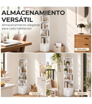 Estantería Esquinera de 5 Niveles con Estantes y Armario para Sala de Estar Dormitorio 29,5x29,5x158 cm Blanco