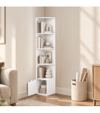 Estantería Esquinera de 5 Niveles con Estantes y Armario para Sala de Estar Dormitorio 29,5x29,5x158 cm Blanco