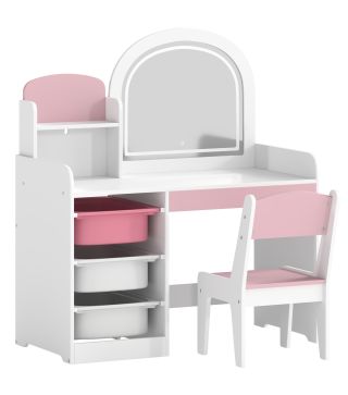 Tocador de Maquillaje Niña con Espejo con Luces LED Taburete 2 Estantes 3 Cajas de Almacenaje 3-8 Años Blanco y Rosa