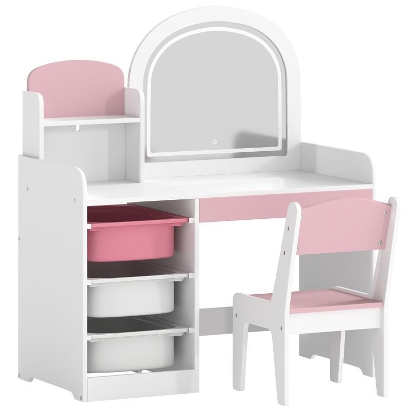Tocador de Maquillaje Niña con Espejo con Luces LED Taburete 2 Estantes 3 Cajas de Almacenaje 3-8 Años Blanco y Rosa Tocador de Maquillaje Niña con Espejo con Luces LED Taburete 2 Estantes 3 Cajas de Almacenaje 3-8 Años Blanco y Rosa