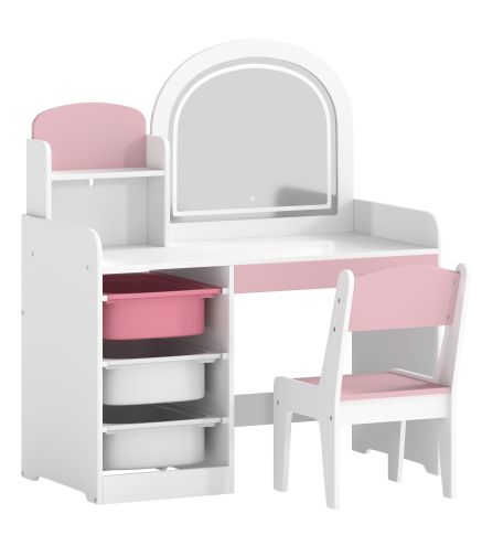 Tocador de Maquillaje Niña con Espejo con Luces LED Taburete 2 Estantes 3 Cajas de Almacenaje 3-8 Años Blanco y Rosa