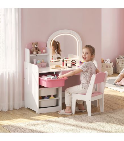 Tocador de Maquillaje Niña con Espejo con Luces LED Taburete 2 Estantes 3 Cajas de Almacenaje 3-8 Años Blanco y Rosa