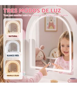 Tocador de Maquillaje Niña con Espejo con Luces LED Taburete 2 Estantes 3 Cajas de Almacenaje 3-8 Años Blanco y Rosa