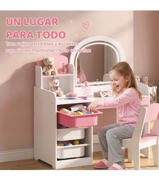Tocador de Maquillaje Niña con Espejo con Luces LED Taburete 2 Estantes 3 Cajas de Almacenaje 3-8 Años Blanco y Rosa