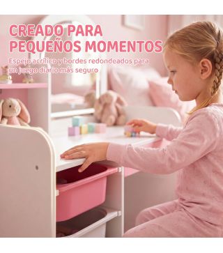 Tocador de Maquillaje Niña con Espejo con Luces LED Taburete 2 Estantes 3 Cajas de Almacenaje 3-8 Años Blanco y Rosa