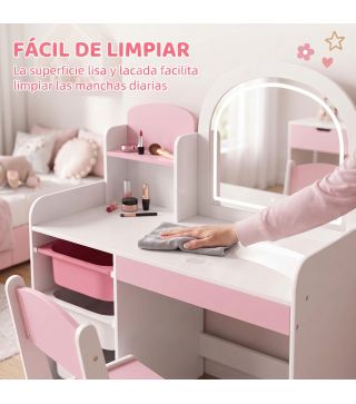 Tocador de Maquillaje Niña con Espejo con Luces LED Taburete 2 Estantes 3 Cajas de Almacenaje 3-8 Años Blanco y Rosa