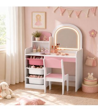 Tocador de Maquillaje Niña con Espejo con Luces LED Taburete 2 Estantes 3 Cajas de Almacenaje 3-8 Años Blanco y Rosa