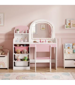 Tocador de Maquillaje Niña con Espejo con Luces LED Taburete 2 Estantes 3 Cajas de Almacenaje 3-8 Años Blanco y Rosa