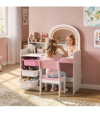 Tocador de Maquillaje Niña con Espejo con Luces LED Taburete 2 Estantes 3 Cajas de Almacenaje 3-8 Años Blanco y Rosa