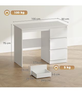 Mesa de Escritorio Mesa de Ordenador con 3 Cajones Veteado de Mármol para Oficina Estudio 100x50x75 cm Blanco
