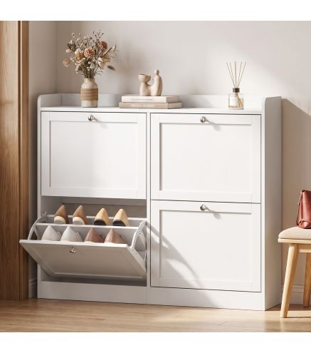 Zapatero Estrecho con 4 Cajones Abatibles Divisores Ajustables Puertas Shaker para 12-16 Pares 105x24x89,5 cm Blanco