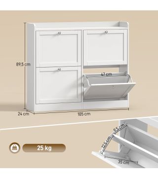 Zapatero Estrecho con 4 Cajones Abatibles Divisores Ajustables Puertas Shaker para 12-16 Pares 105x24x89,5 cm Blanco
