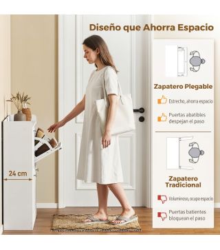 Zapatero Estrecho con 4 Cajones Abatibles Divisores Ajustables Puertas Shaker para 12-16 Pares 105x24x89,5 cm Blanco