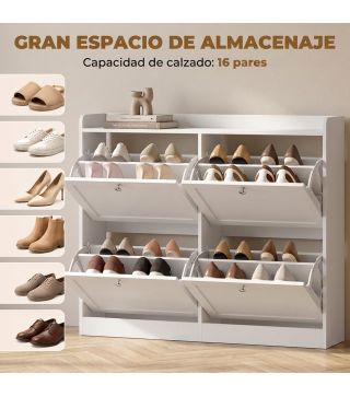 Zapatero Estrecho con 4 Cajones Abatibles Divisores Ajustables Puertas Shaker para 12-16 Pares 105x24x89,5 cm Blanco