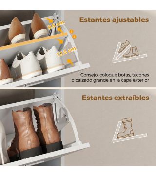 Zapatero Estrecho con 4 Cajones Abatibles Divisores Ajustables Puertas Shaker para 12-16 Pares 105x24x89,5 cm Blanco