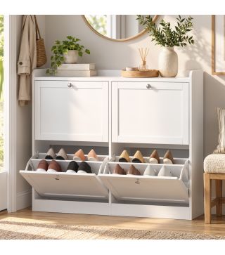 Zapatero Estrecho con 4 Cajones Abatibles Divisores Ajustables Puertas Shaker para 12-16 Pares 105x24x89,5 cm Blanco