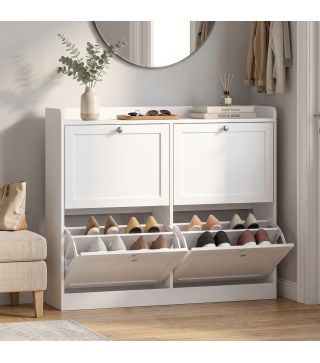 Zapatero Estrecho con 4 Cajones Abatibles Divisores Ajustables Puertas Shaker para 12-16 Pares 105x24x89,5 cm Blanco
