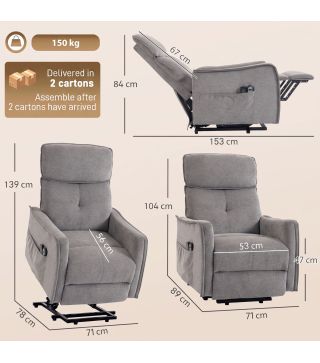 Sillón Relax Reclinable Eléctrico Levanta Personas con 2 Puntos Masaje Asiento con Muelles Reposapiés de Chenilla Gris