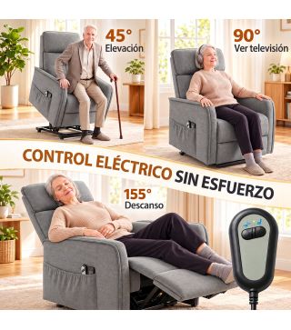 Sillón Relax Reclinable Eléctrico Levanta Personas con 2 Puntos Masaje Asiento con Muelles Reposapiés de Chenilla Gris