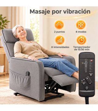 Sillón Relax Reclinable Eléctrico Levanta Personas con 2 Puntos Masaje Asiento con Muelles Reposapiés de Chenilla Gris