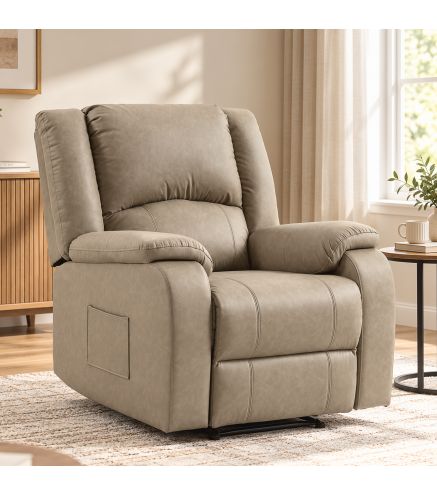 Sillón Relax Reclinable Manual de PU con Reposapiés Asiento Ancho Acolchado Grueso Reclinable hasta 155° Caqui