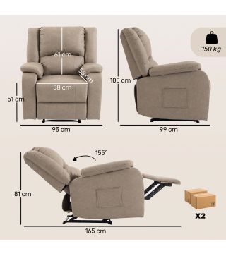 Sillón Relax Reclinable Manual de PU con Reposapiés Asiento Ancho Acolchado Grueso Reclinable hasta 155° Caqui