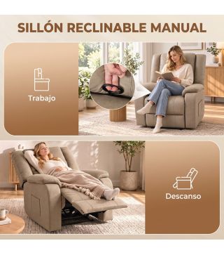 Sillón Relax Reclinable Manual de PU con Reposapiés Asiento Ancho Acolchado Grueso Reclinable hasta 155° Caqui