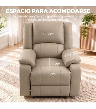 Sillón Relax Reclinable Manual de PU con Reposapiés Asiento Ancho Acolchado Grueso Reclinable hasta 155° Caqui