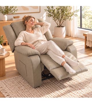 Sillón Relax Reclinable Manual de PU con Reposapiés Asiento Ancho Acolchado Grueso Reclinable hasta 155° Caqui