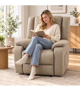 Sillón Relax Reclinable Manual de PU con Reposapiés Asiento Ancho Acolchado Grueso Reclinable hasta 155° Caqui