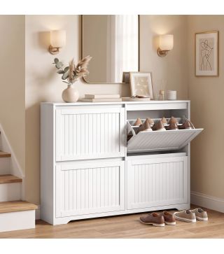 Zapatero Estrecho con 4 Cajones Abatibles Puertas Acanaladas Estantes Ajustables hasta 16 Pares para Pasillo Blanco