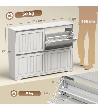 Zapatero Estrecho con 4 Cajones Abatibles Puertas Acanaladas Estantes Ajustables hasta 16 Pares para Pasillo Blanco