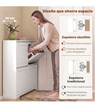 Zapatero Estrecho con 4 Cajones Abatibles Puertas Acanaladas Estantes Ajustables hasta 16 Pares para Pasillo Blanco