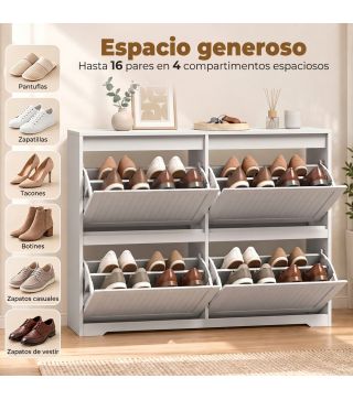 Zapatero Estrecho con 4 Cajones Abatibles Puertas Acanaladas Estantes Ajustables hasta 16 Pares para Pasillo Blanco