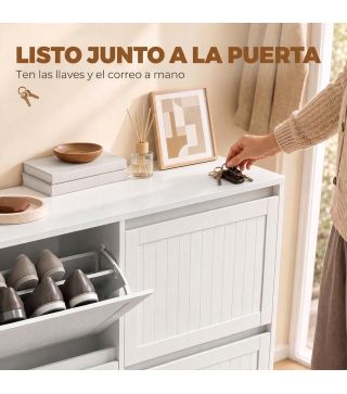 Zapatero Estrecho con 4 Cajones Abatibles Puertas Acanaladas Estantes Ajustables hasta 16 Pares para Pasillo Blanco