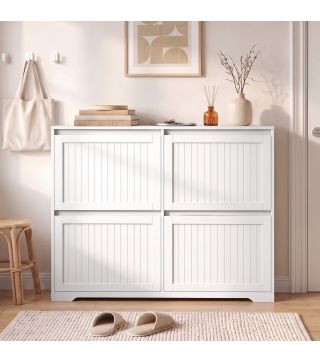 Zapatero Estrecho con 4 Cajones Abatibles Puertas Acanaladas Estantes Ajustables hasta 16 Pares para Pasillo Blanco