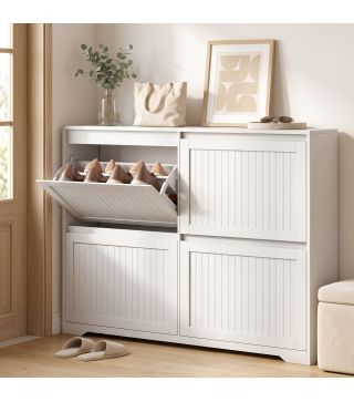 Zapatero Estrecho con 4 Cajones Abatibles Puertas Acanaladas Estantes Ajustables hasta 16 Pares para Pasillo Blanco
