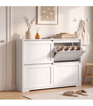 Zapatero Estrecho con 4 Cajones Abatibles Puertas Acanaladas Estantes Ajustables hasta 16 Pares para Pasillo Blanco