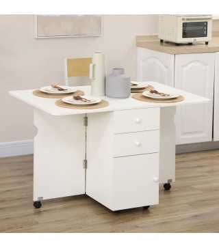 Mesa de Comedor Plegable Alas Abatibles con Ruedas y 2 Cajones Mesa de Cocina Pequeña Estilo Moderno 120x80x75 cm Blanco
