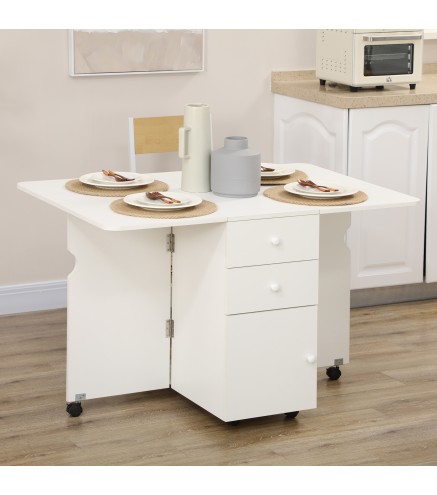Mesa de Comedor Plegable Alas Abatibles con Ruedas y 2 Cajones Mesa de Cocina Pequeña Estilo Moderno 120x80x75 cm Blanco
