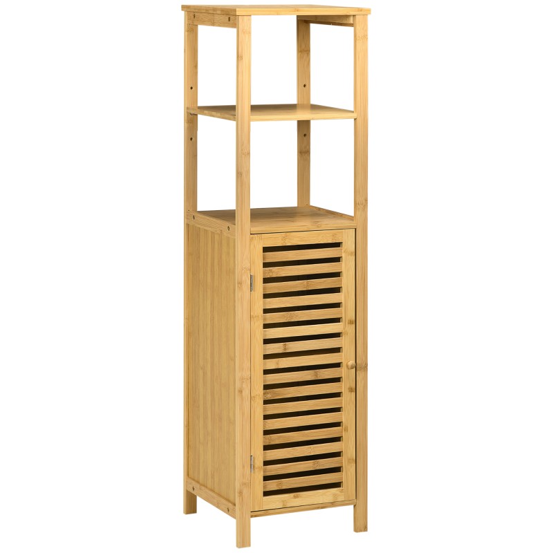 Armario Auxiliar de Baño de Bambú Estantería de Baño con 2 Estantes Abiertos y Puerta de Rejilla 32,9x29,9x120cm Natural