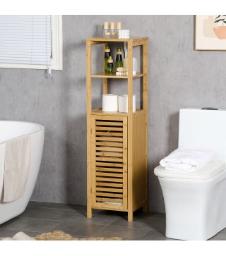 Armario Auxiliar de Baño de Bambú Estantería de Baño con 2 Estantes Abiertos y Puerta de Rejilla 32,9x29,9x120cm Natural