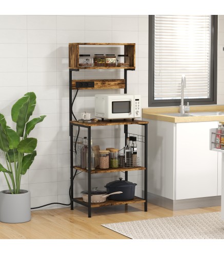 Estantería de Cocina Mueble para Microondas con Toma de Corriente 2 Cargadores USB 5 Ganchos 60x42x153 cm Marrón